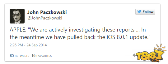 紧急通知!iPhone6/6Plus更新iOS 8.0.1后“变砖”