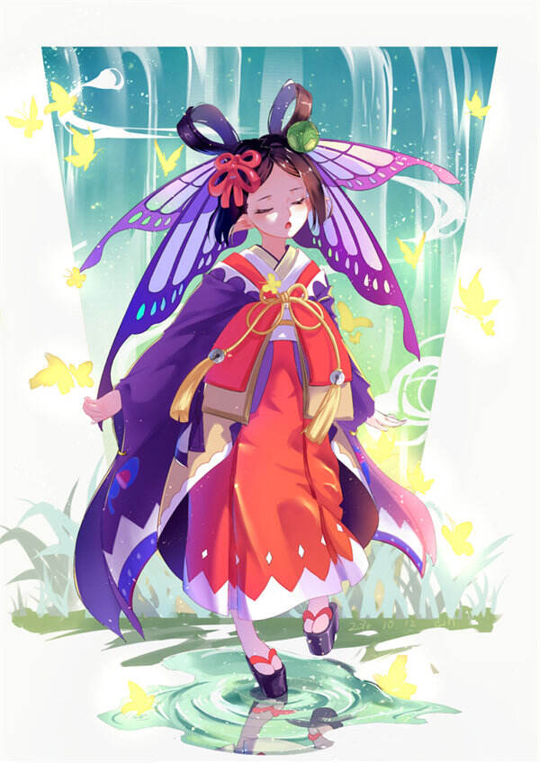 阴阳师蝴蝶精同人手绘:一只羞涩的小蝴蝶