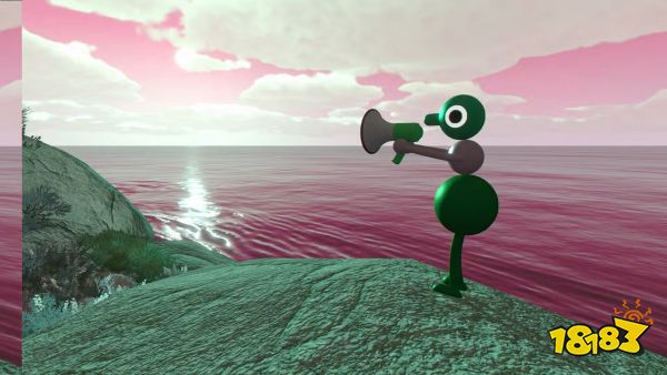 A Big Walk character holds up a megaphone along the shore