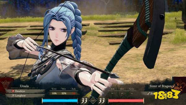 A character named Ursula from the game “Fire Emblem” is aiming a longbow with 'Deadeye' selected, showing a 10% crit and 22% hit on the battle interface, with 33 HP remaining.