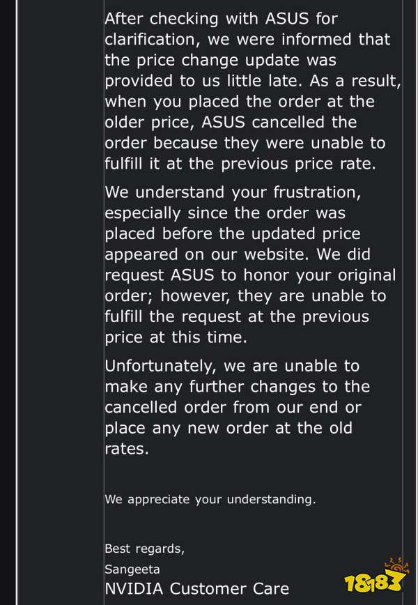 A message from NVIDIA Customer Care explains an order cancellation due to a late price change update provided by ASUS, preventing fulfillment at the previous rate.