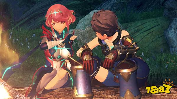 Two characters from Xenoblade Chronicles 2 sitting by a campfire in a forested area at night, engaged in conversation.