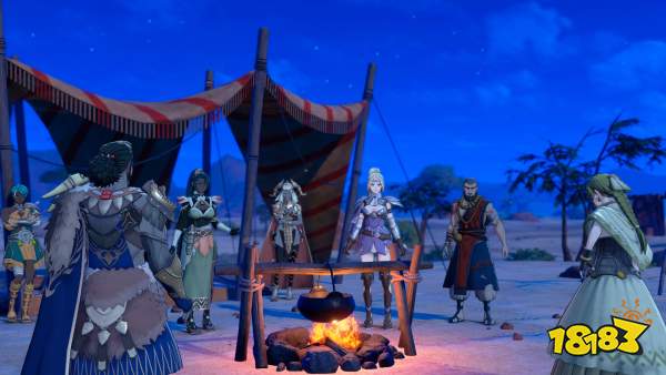 A group of fantasy characters in armor and robes gather around a campfire under a tent at night in a desert setting, possibly from a video game.