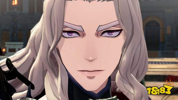 A close-up of a character with long silver hair and purple eyes from a video game.