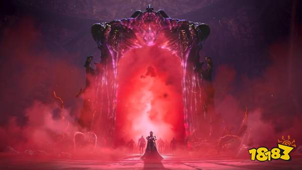 A character stands before a massive, glowing red portal in a mystical setting, with shadowy figures emerging behind.