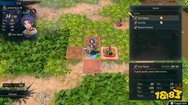 A tactical RPG game screen shows a character named Cai, level 15 Ornius Rider, equipped with an 'Iron Spear' and targeting an enemy on a grid-based battlefield with '34/34 HP' and 'Hit 100%'.