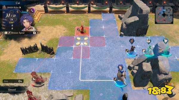 A character named Cai with a 'Bronze Spear' prepares to move on a tactical battle grid in an RPG game interface, featuring stats and a map.
