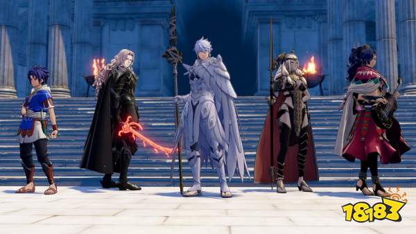 Five characters from Eiyuden Chronicle: Hundred Heroes stand in front of stone steps, each wearing distinct armor and holding various weapons and a guitar.