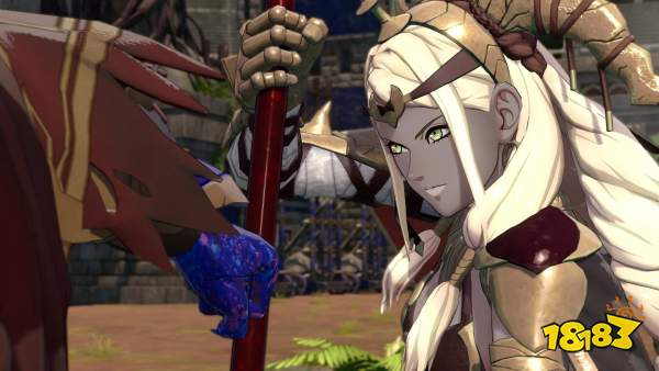 A character in ornate armor interacts with another in a medieval fantasy setting from the game Fire Emblem Engage.