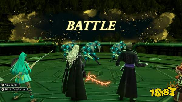 Characters in a fantasy setting stand ready for a 'Battle' against blue robotic creatures, with options for 'Auto-Battle' and 'Skip to Conclusion' visible on the screen.