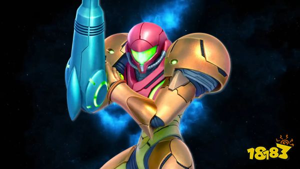 Artwork of Samus Aran from Super Smash Bros. Ultimate in front of the Metroid “S” symbol from the original Metroid Prime 4 reveal trailer