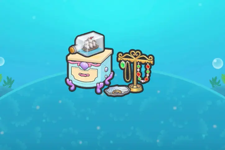A ship on a bottle on an aquatic-themed table near some jewelry in Pokopia