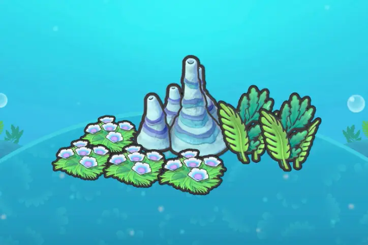 Flower patches with blue pointy bubbling rocks and seaweed in Pokopia