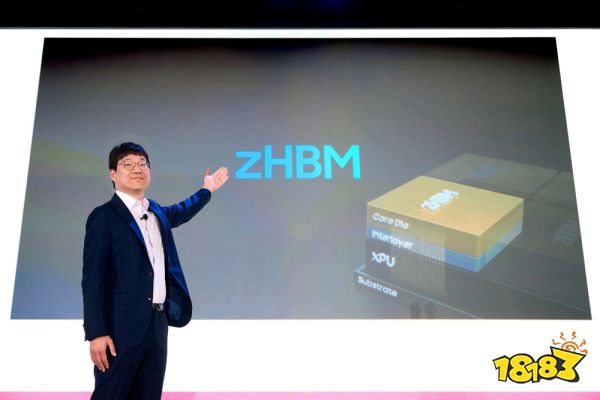 A presenter gestures towards a slide displaying 'zHBM' with a diagram labeled Core Die, Interlayer, XPU, and Substrate.