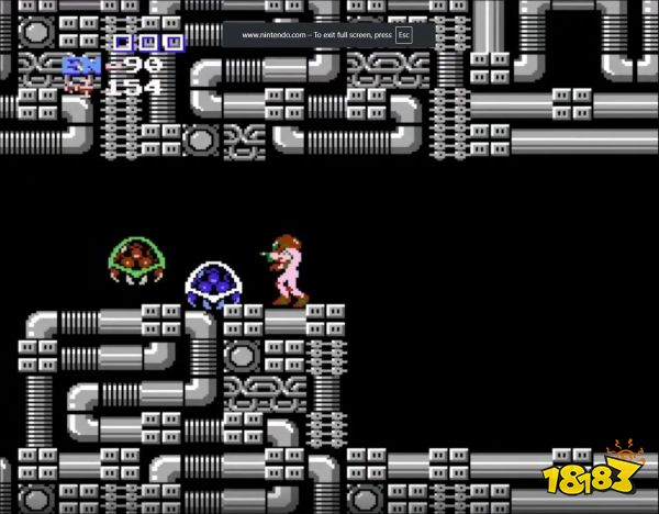 Samus Aran faces two swarming metroid enemies in a narrow corridor in Metroid (NES)
