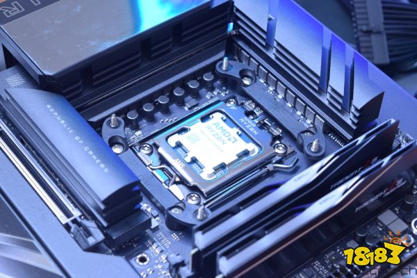 An AMD Ryzen CPU is installed on an ASUS Republic of Gamers motherboard, with visible G.SKILL Trident Z5 RAM modules.