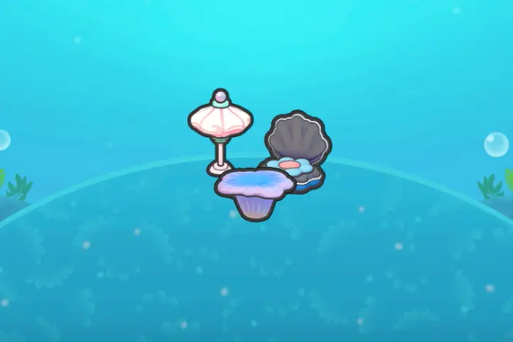 A chair that looks like a Clamperl next to a lamp and coral in Pokopia