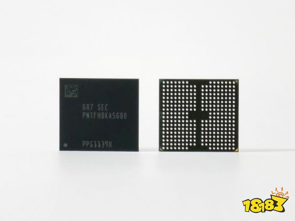 A close-up view of a Samsung memory chip labeled '607 SEC PN1FH8KA5680' alongside the reverse side displaying its pin grid.