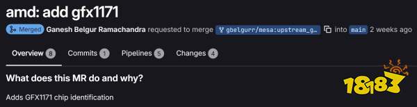 A GitHub merge request titled 'amd: add gfx1171' by Ganesh Belgur Ramachandra for GFX1171 chip identification has been merged into the main branch.