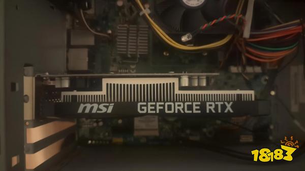 Inside a computer case, an MSI GeForce RTX graphics card is installed.