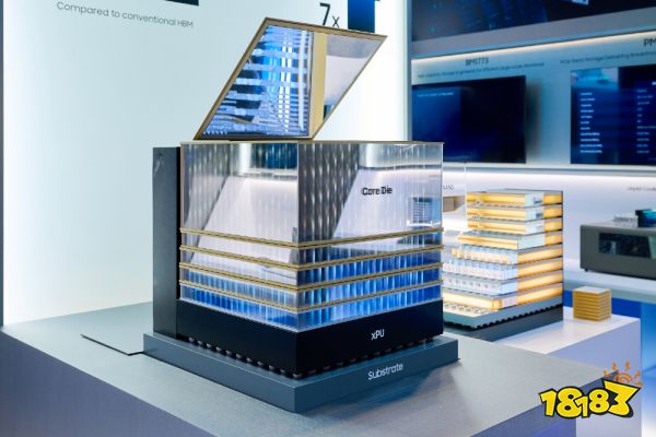 A close-up of Intel's 3D packaging technology model showing labeled components 'Core Die,' 'xPU,' and 'Substrate' against an exhibition backdrop.