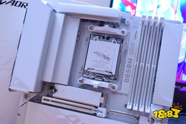 Gigabyte B850M AORUS Stealth motherboard showing its CPU socket and RAM slots.