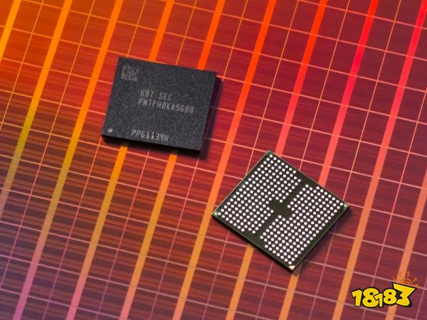 A Samsung memory chip labeled 'SEC PNTF80KAS680' sits on a colorful silicon wafer grid.