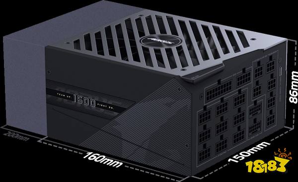 A Gigabyte Aorus 1600W power supply unit showing dimensions of 160mm x 150mm x 86mm and marked 'TEAM UP. FIGHT ON.'.