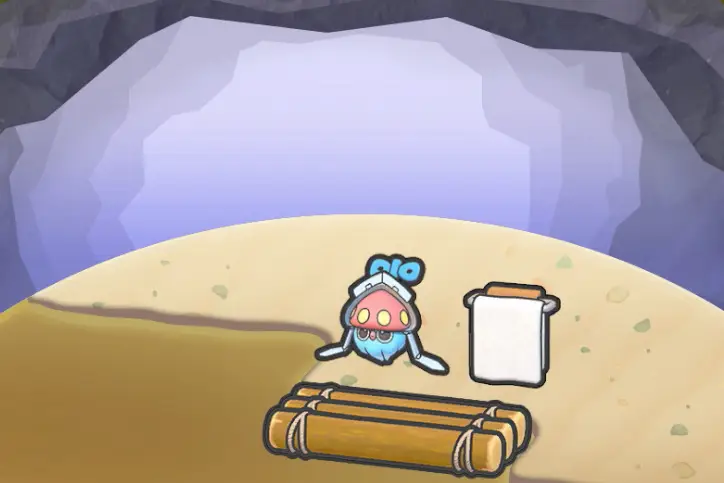 An Inkay toy next to a towel and some wooden planks in Pokopia