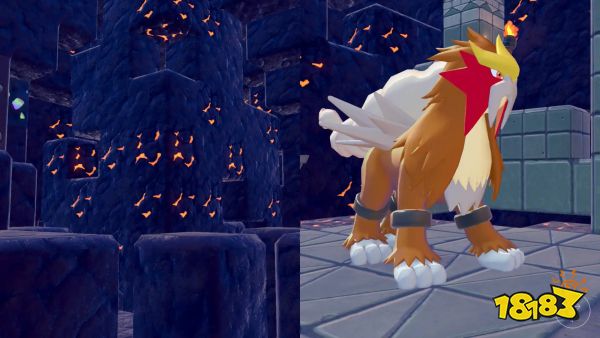 Entei, as he appears in a lava-rock surrounded room, in Pokopia