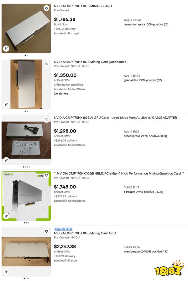 A list of pre-owned NVIDIA CMP 170HX mining cards with various prices ranging from $1,298 to $2,247, located in different countries.