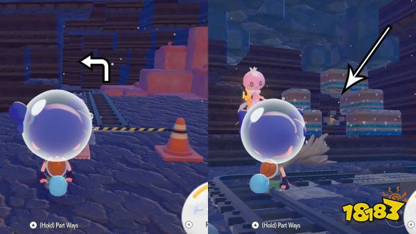 A montage using two Pokémon Pokopia screenshots showing the path to where you find the Starmie doll