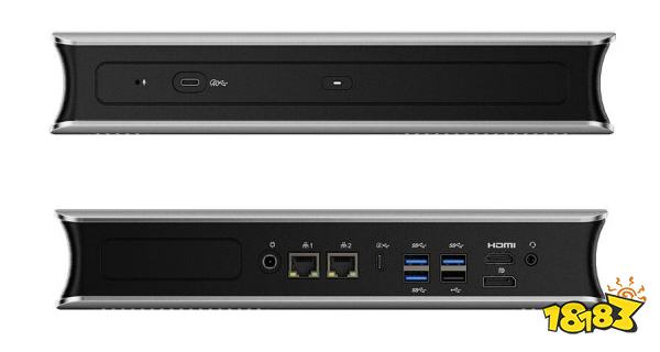 The image shows the front and back views of an unbranded computer or server with ports labeled, including Ethernet, USB, HDMI, and audio input/output.