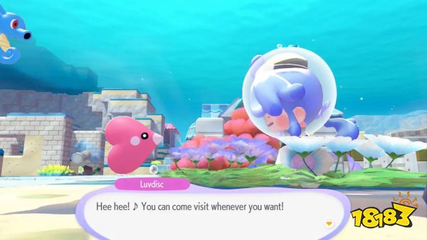 Ditto talks to Luvdisc in Pokemon Pokopia: Bubbly Basin.
