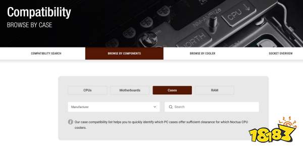 The image displays a Compatibility Browse By Case page with tabs for 'CPUs,' 'Motherboards,' 'Cases,' and 'RAM,' and text stating, Our case compatibility list helps you to quickly identify which PC cases offer sufficient clearance for which Noctua CPU coolers.