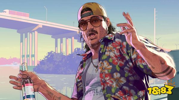 A character from GTA 6 sitting on a boat, holding his hands out in surprise with a beer bottle in his right hand