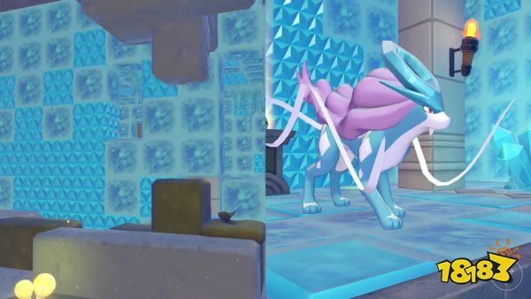 Suicune, as seen in a room made of ice, in Pokopia.