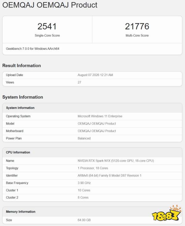 New RTX Spark Geekbench 7 results for the 18-core and 20-core CPU versions