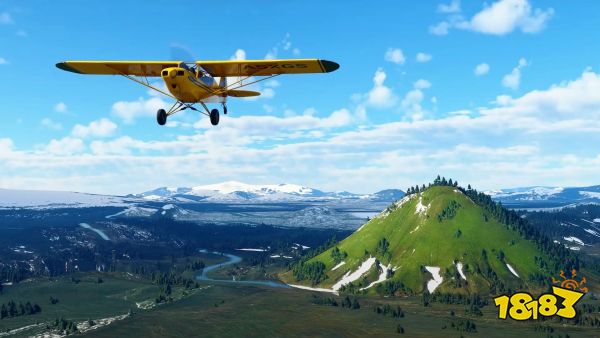 A plane flies over Mælifell volcano in Iceland in a still from Microsoft Flight Simulator
