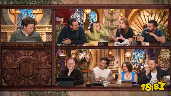 Episode 26 of Critical Role Campaign 4. It shows eight players at a table, speaking animatedly. To the left of them sits their DM, Brennan Lee Mulligan.