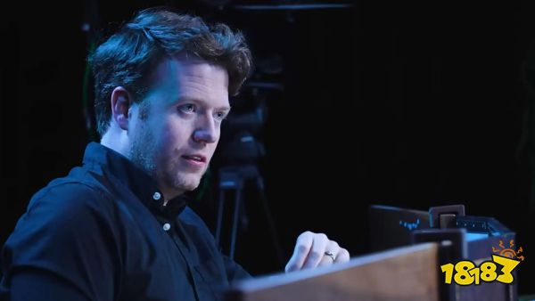 critical role campaign 4. brennan narrates a scene, covered in blue and white lighting