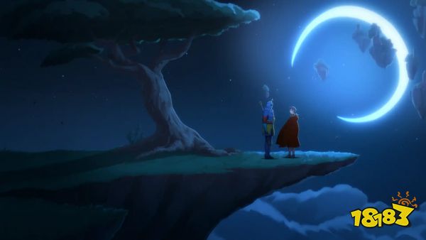 A figure dressed like a samurai talks to a person in a red cloak on a hilltop, next to a tree and the moon, in AMC’s Pantheon.