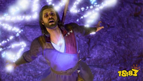 Gale throws his arms out wide, baring his chest that reveals his Netherese mark. A screenshot of Gale from Baldur's Gate 3.