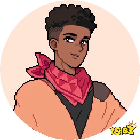 Rhys, a man with short curly hair and a red bandana around his neck in Fields of Mistria