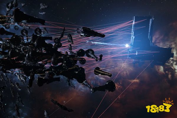 Lasers arc out from hundreds of ships, large and small, attacking a massive starbase which returns fire, in Eve Online