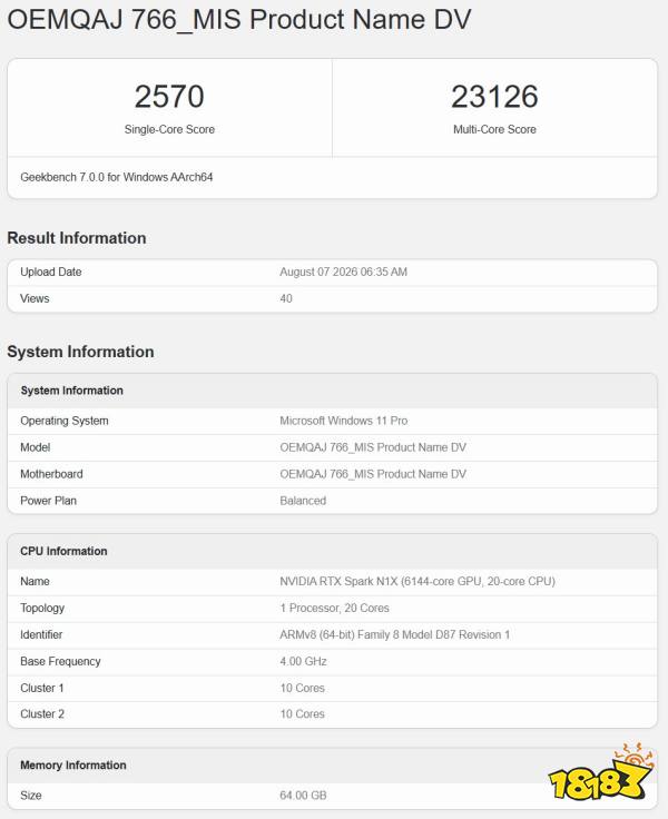 New RTX Spark Geekbench 7 results for the 18-core and 20-core CPU versions