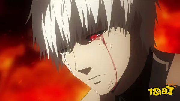 Kaneki sheds a tear of blood towards the end of Tokyo Ghoul: Root A