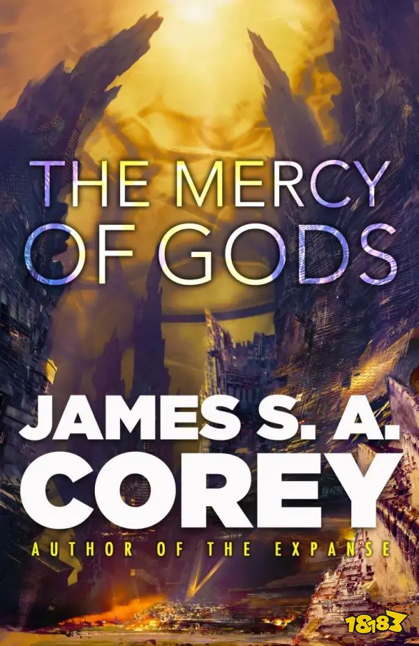 A vast sci-fi fantasy scape, with long jagged cliffs stretching into the sky, on the cover for James S.A. Corey’s The Mercy of Gods.