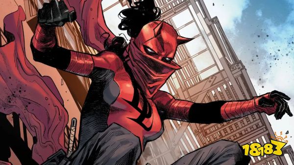 Elektra Natchios leaps from a building in her Daredevil garb, with loose pants, a flowing tunic and scarf, a horned daredevil mask, and her signature billowing hair, in Daredevil #25, Marvel Comics (2020)