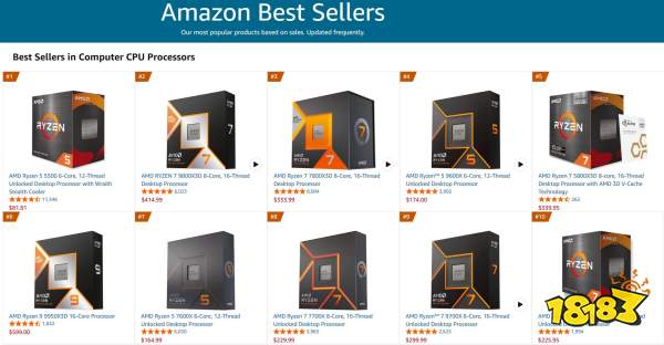 An Amazon Best Sellers page displaying top computer CPU processors, featuring AMD Ryzen 5 5500, Ryzen 7 9800X3D, and Ryzen 9 9950X3D models, with varying prices and star ratings.